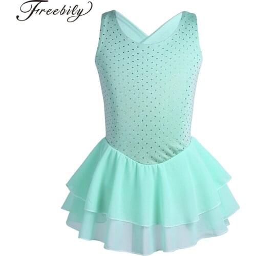 Kids Girls Sleeveless Cutout Ruffled Skating Competition Dress Ballet Tutu Dress Gymnastics Leotard for Girl Stage Performance