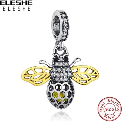 ELESHE Authentic 925 Sterling Silver Gold Color Honey Bee Dangle Charms Fit Original Beads Bracelets Necklaces DIY Jewelry