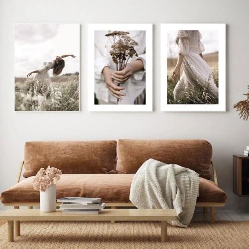 Scandinavian Landscape Posters Prints Girl in White Dress Canvas Painting Sunset Grass Flowers Wall Art Pictures Interior Decor