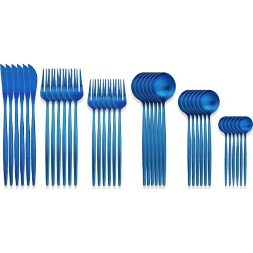 36pcs Blue Dinnerware Matte Knives Dessert Spoon Fork Stainless Steel Cutlery Set Silverware Kitchen Home Dinner Tableware Set