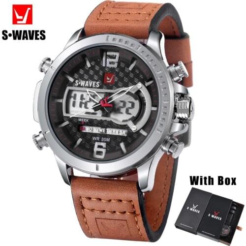 SWAVES Watches Mens 2019 Top Brand LCD Relogio Masculino Leather Band Dual Display Clock Luxury Mens Waterproof Watches With Box