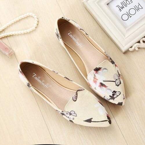 Taomengsi Womens Shoes Patent Leather Stamp Pointed Fashion Flowers Leather Slip-On Pointed Toe Ladies shoes