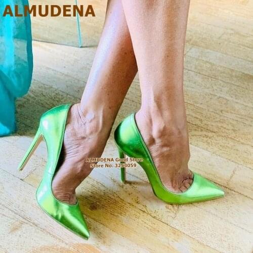 ALMUDENA Fluorescent Green Matte Leather High Heel Shoes 12 10 8cm Stiletto Heel Pointed Toe Slip-on Dress Pumps Wedding Size45