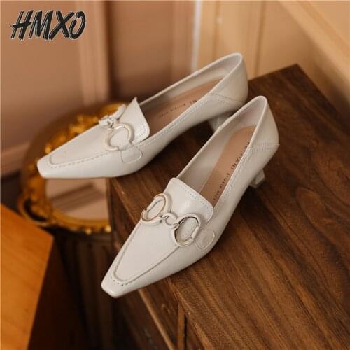 HMXO Square Toe High Heels Thick Heel Retro Temperament Single Shoes Non-slip Comfortable To Step on With Two Metal Buckles