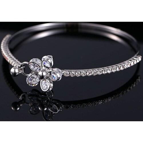 Unique Five-petaled Flowers White/Rose Gold Color Cuff Bangles 5mm CZ Stones Cubic Zirconia Sets Bracelets For Women LB0310