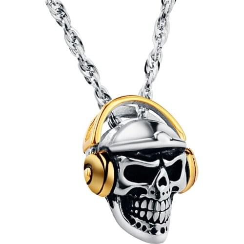 Valily Jewelry Mens Necklace Skull Head With bluetooth headset Pendant Necklace Stainless Steel Fashion Gold Earephones Pendant