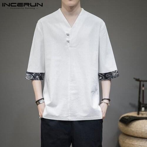 INCERUN 2021 Vintage Shirt Men Print Patchwork V Neck Half Sleeve Retro Casual Men Clothing Streetwear Leisure Camisas S-5XL