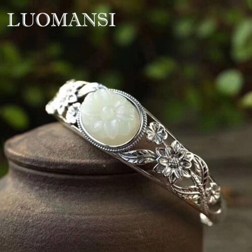 Luomansi Vintage 100% S925 Silver Natural Hetian Jade Opening Bangle Female Ethnic Style Jewelry Elder Gift Bracelet