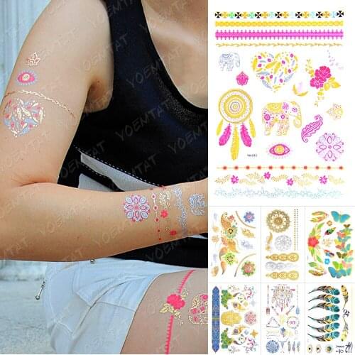 Waterproof Temporary Tattoo Sticker Metallic Gold Silver Pink Elephant Feather Mandala Flash Tatto Women Arm Body Art Fake Tatoo