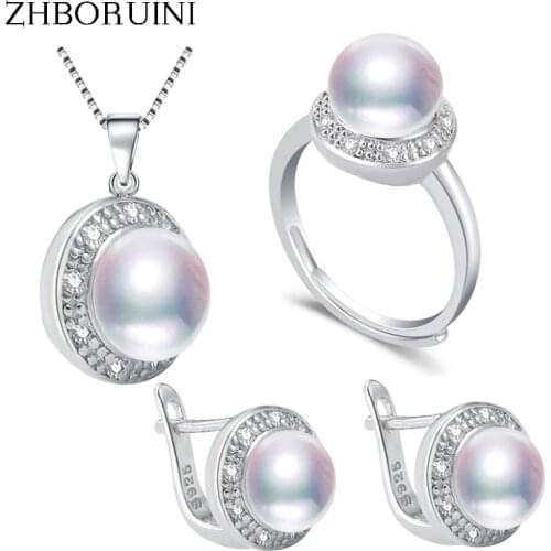 ZHBORUIN 2021 Fashion Pearl Jewelry Set 100% Real Natural Pearl Necklace Earrings Ring 925 Sterling Silver Jewelry Set For Women