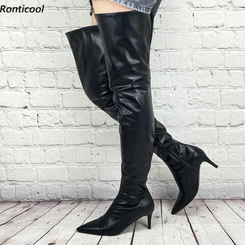 Ronticool New Handmade Women Winter Thigh Boots Faux Leather Zipper 7.5 Cm Stiletto Heels Pointed Toe Black Shoes Us Size 5-15