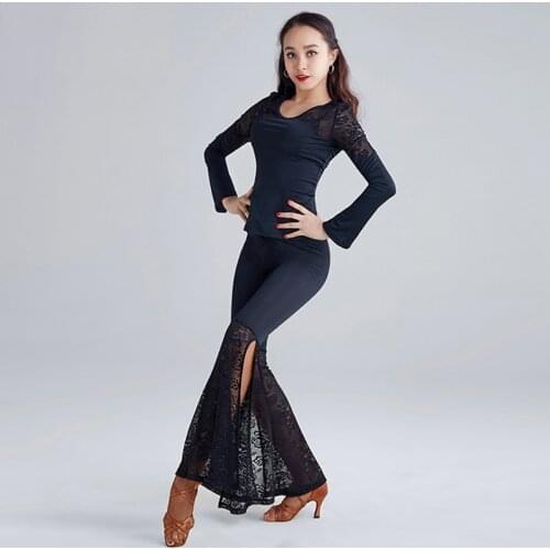 New Latin Dance Clothes 2pcs Suit Women Black Top+Pant Standard Ballroom Flamengo Tango Cha Cha Black Latin Dance Costume VDB381