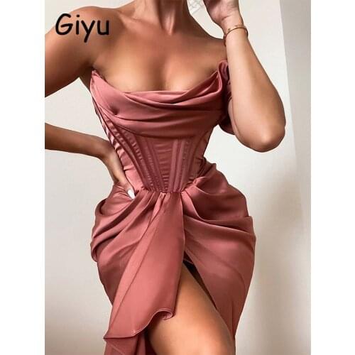Giyu Evening Party Dress Women 2021 Summer Satin Midi Dresses High Elastic Fishbone One Shoulder Off Shoulder Backless Club Robe
