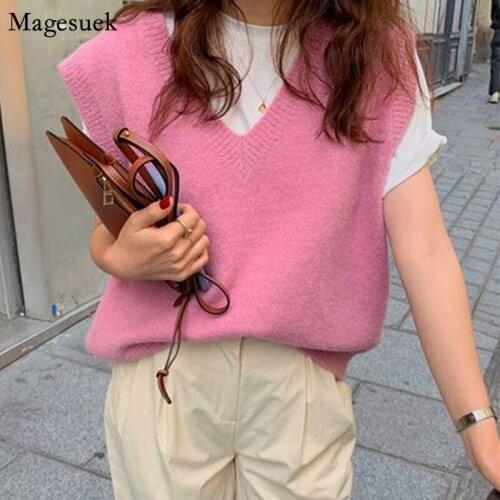 New Sleeveless Women Sweater Vest Autumn Winter Pink Knitted Sweater Vest Women V-neck Pullover Warm Sweaters Oversize 12231