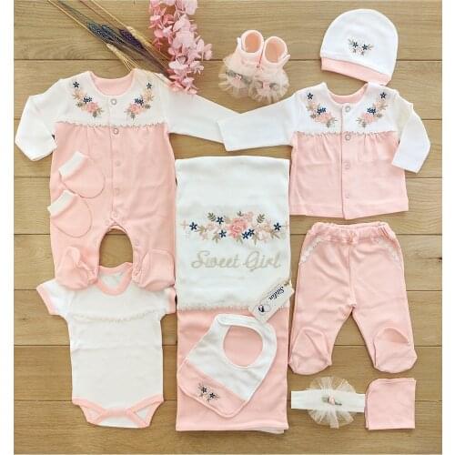 Baby Girl Pink10 Pcs Hospital Outlet Natural Embroidered Set Luxury High Quality Organic baby Hospital Outlet Set %100 cotton