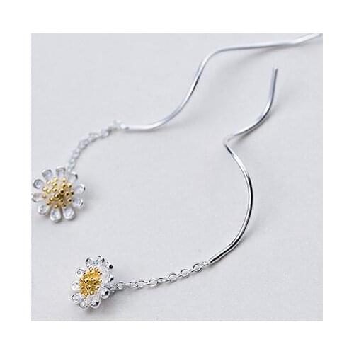 100% Real. 925 Sterling Silver Jewelry Golden Daisy Flower Twisted wave Long Threader Earrings dangle Pull Through GTLE1599
