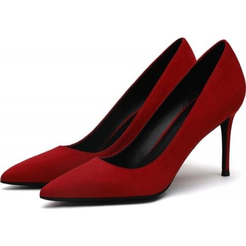 2019 New Women Pumps Black High Heels 8cm 10cm Lady Cow Suede Leather Autumn Pointed Single Shoes Female Pumps Big Size E0045