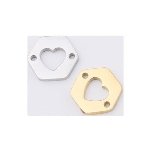 5pcs Mirror polished stainless steel peach heart hollowed out double hole polygonal pendant simple DIY for necklace accessories