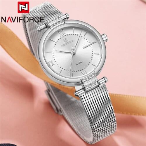 NAVIFORCE New Top Luxury Brand Women Watch Rhinestone Quartz Lady Waterproof Wristwatch Silver Stainless Steel Female Clock 5019