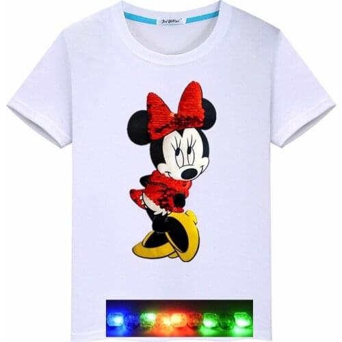Disney summer childrens cartoon color Mickey Mouse sequins boys and girls light up LED T-shirt cotton short-sleeved shirt