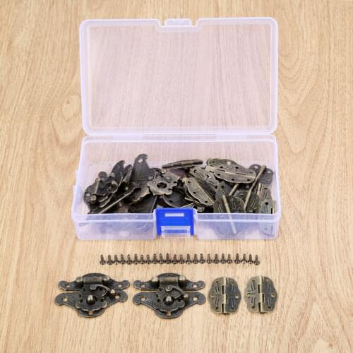DRELD 10pcs Antique Bronze Lock Decorative Latch Hasps Buckle Wood Jewelry Box Padlock +20pcs Cabinets Hinges+Screws+Storage Box