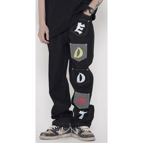 Retro Streetwear Letter Pocket Stitching Jeans Men and Women Straight Oversize Ripped Washed Denim Trousers Hip Hop Loose Pants
