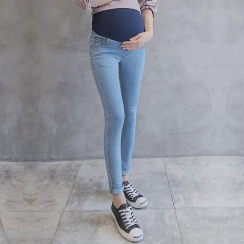 Light Blue Washed Denim Maternity Jeans Skinny Pencil Trousers Clothes for Pregnant Women Autumn Summer Pregnancy Jeans