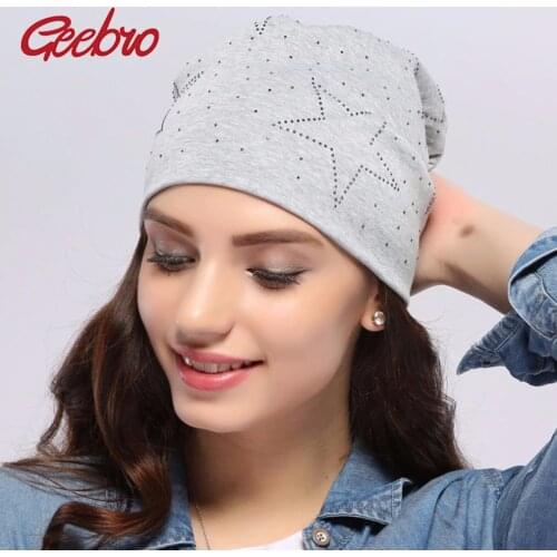 Geebro Womens Beanie Hat Autumn Casual Star Rhinestone Slouchy Beanies for Women Female Light Grey Cotton Skullies Hat JS262