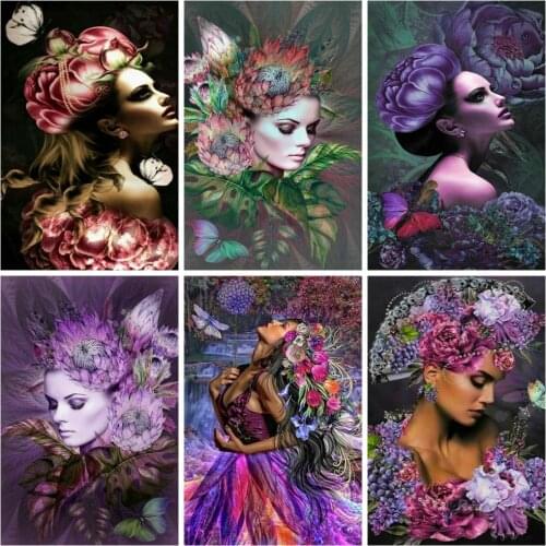 Huacan 5D Diamond Painting Cross Stitch Woman Flower Full Diamond Embroidery Mosaic Portrait Paintings For Interior Home Decor