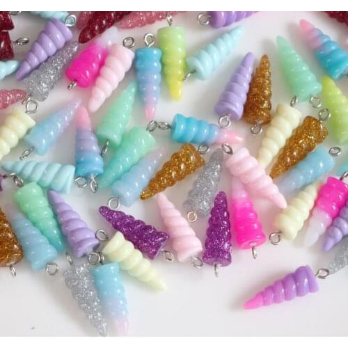 Kawaii 10*25mm Glitter Silver Color Resin Unicorn Horns Charms Pendant For Kids Necklace Jewelry Making