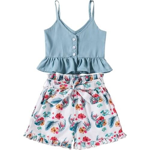 Baby Girls Clothes Set, Solid Color Sleeveless V-neck Tops + Floral Print Short Pants with Waistband