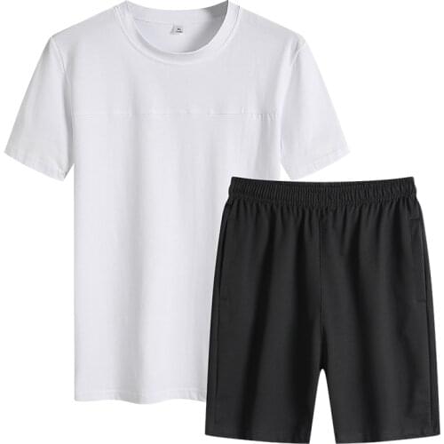 KKSKY Two Piece Set Summer Cotton Mens Jogging T-shirts Clothing Solid Tracksuit Men Sportswear Set Black Shorts Oversize 8XL