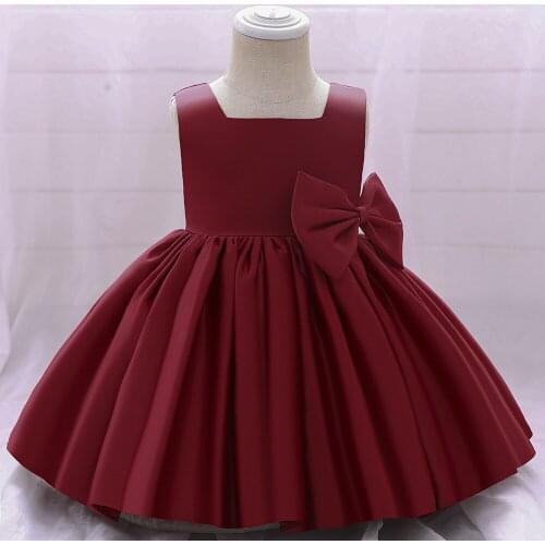 Girl Red Satin Short Dress Gown Performance Birthday Party Dresses Kids Princess Dress Childrens Casual Flowers Clothing