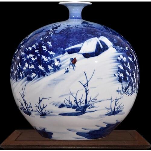 Creative Chinese Hand Painted Porcelain Flower Vase Blue and White Big Snow Pattern Tabletop Vase For Home Office Decor