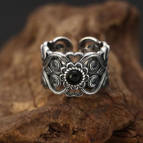 Original hollow pattern open ring designer craft Black Agate Stone elegant charm Thai silver womens jewelry