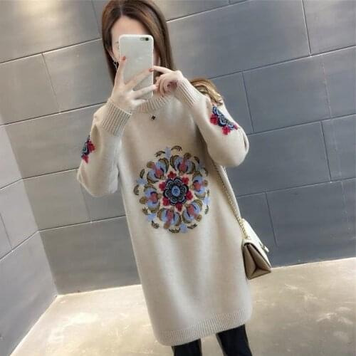 2021 Autumn Winter Mid-length Loose Fashion Embroidered Women Clothing Round Neck Knitted Skirt Pullover Sweater Sueter Feminino
