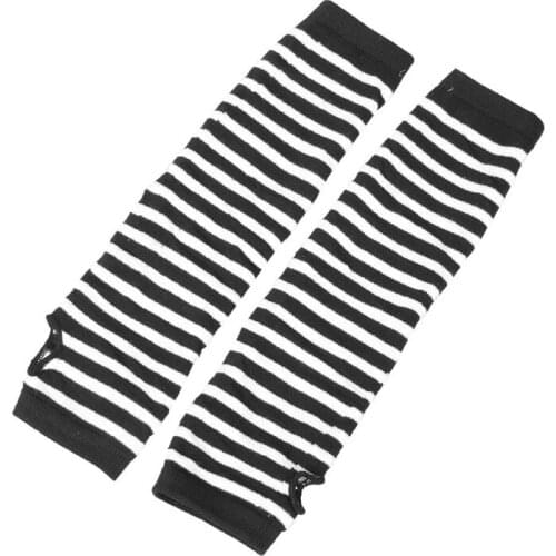 Pair White Black Stripes Acrylic Fingerless Arm Warmers Gloves for Women