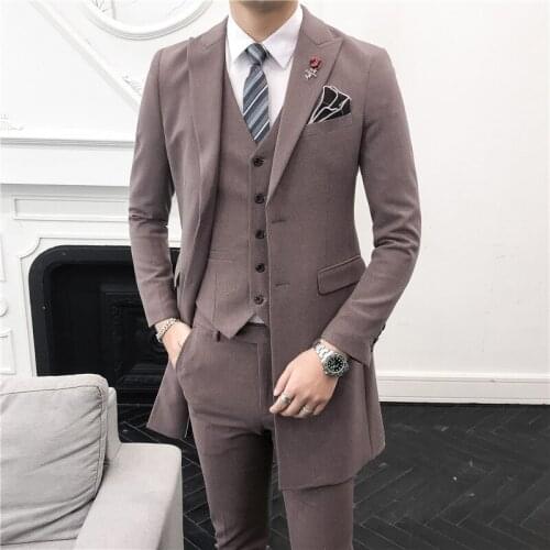 2020 Luxury Fashion Formal Business Casual Mens Slim Mens Autumn New Solid Mid-length Suit 3 Piece sets(Jackets+Pants+Vest)
