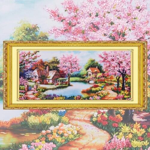 Needlework,DIY Ribbon Cross stitch Set for Embroidery kit,Forest river flower tree love ribbon Cross-Stitch handwork wedding