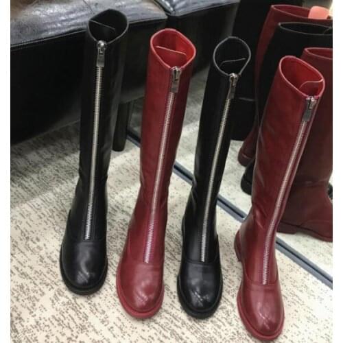 Moraima Snc Fashion Front Zipper Knee High Boots Woman Round Toe Flat Riding Boots Runway Long Boots Black Wine Red