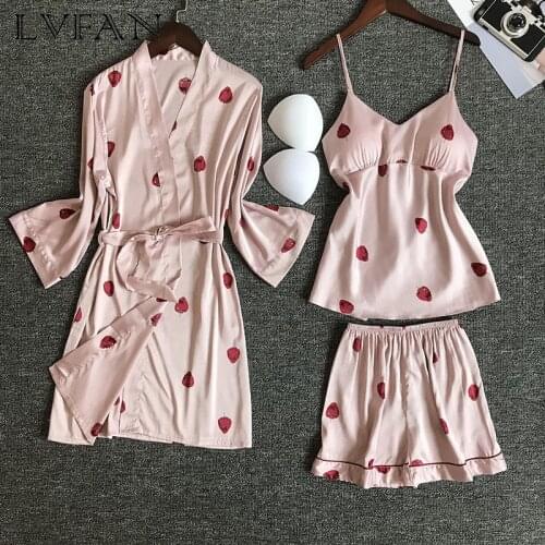 Womens Summer Strawberry Long-sleeved Simulation Silk Three-piece Pajamas Ladies Cute Strap Chest Pad Robe Home Service Z006