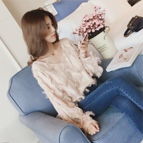 Spring Womens Clothing Temperament Chiffon Bottoming Shirt Loose V-neck Loose Shirt Design Sense Tassel Feather Student Clothes