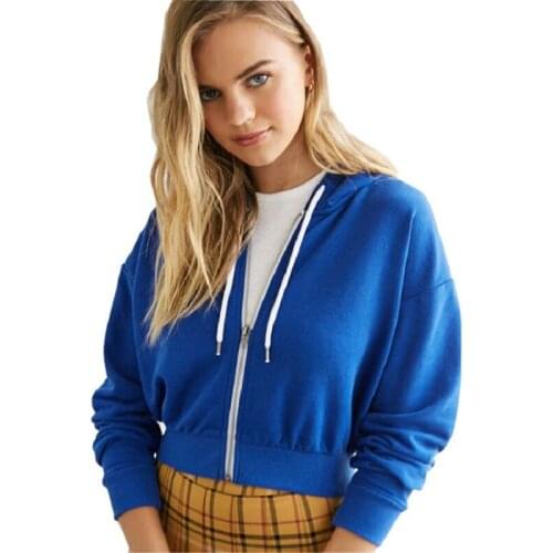 2021 Autumn Women Tops Drawstring Hooded Long Sleeve Hoodie Sweatshirts Zip Up Crop Casual Jacket Zipper Coat Outwear