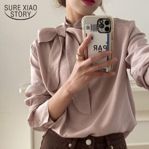 Autumn New Korean Bow Pullover Long Sleeve Shirt Elegant Blouses Women Casual O-Neck Solid Vintage Womens Tops And Blouses 12482