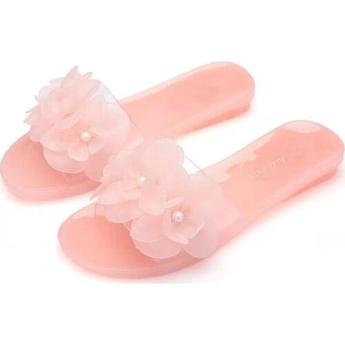 Womens Summer Slippers Flower Jelly Crystal Slippers Fashion Transparent Wear Anti Slip Flip Flop Big Size 36-41