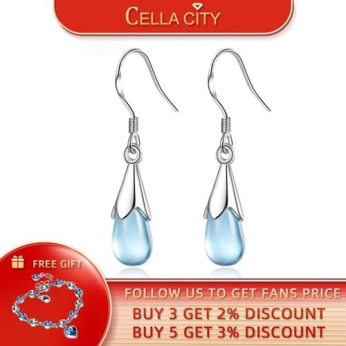 Cellacity Simple Design Silver 925 Jewelry Gemstones Drop Earrings for Women Trendy Water Drop Shaped Blue Crystal Ear Lines