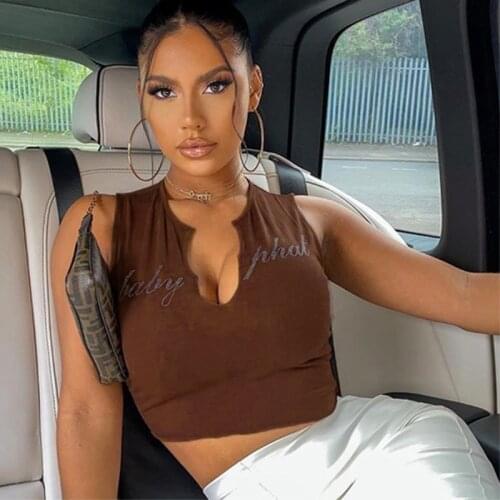 2000s Aesthetic Diamond Letters Print Summer Crop Tops T-shirt V-neck Sleeveless Sexy Slim Short Top Tees Female Chic Streetwear