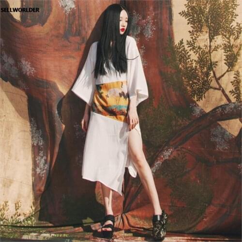 2020 Woman Japanese Kimono Style Shadow and Crane Print Split long sleeves Dress