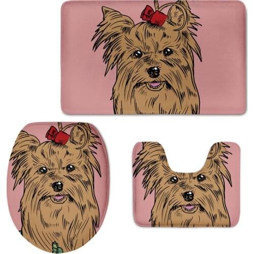 Bathroom Decor Accessories Illustrated Yorkie Terrier 3pcs/set Toilet Seat Cover Soft Non-slip WC Floor Mats Washable Carpets