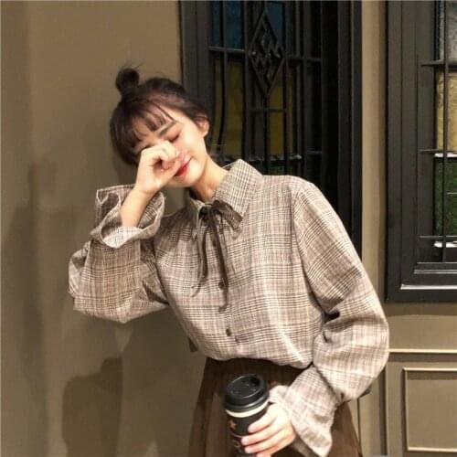 Blouse Women Top Retro Autumn Plaid Long Sleeve Shirt Women Blusas Mujer De Moda